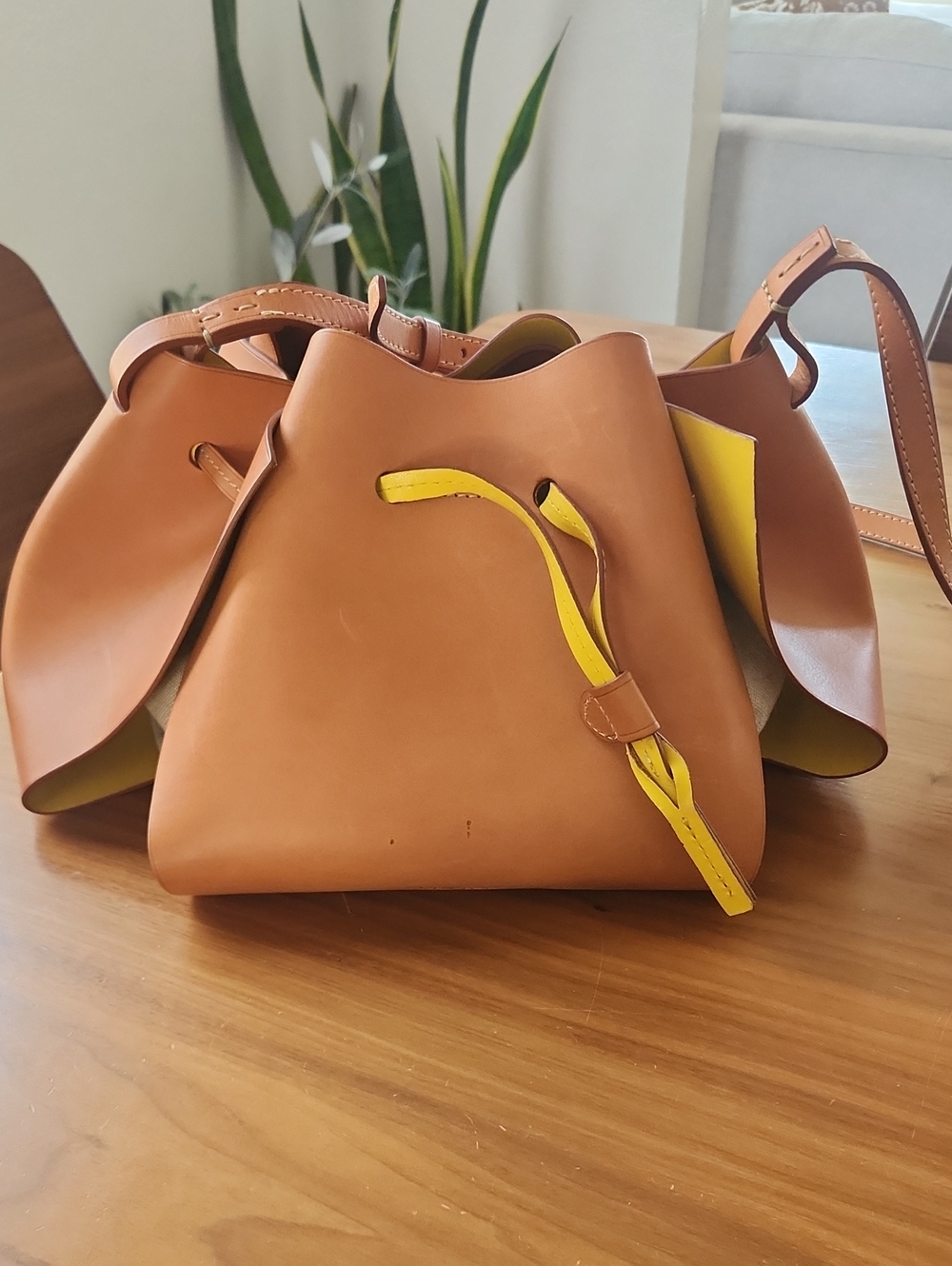 Tan Leather Shoulder Bucket Bag with Yellow Drawstring